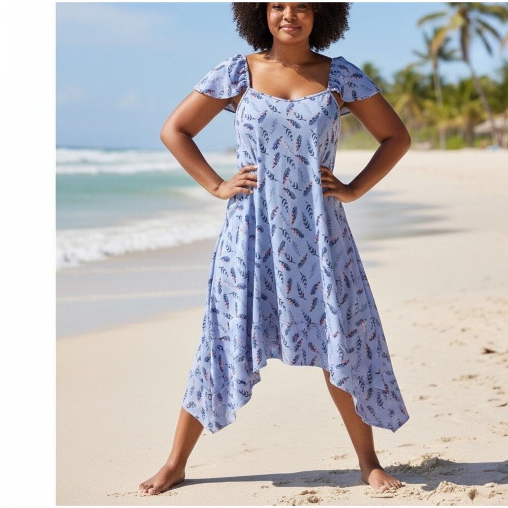 Lost Ink Purple Feather Swing Midi Dress 2X Trapeze Sundress Whimsical Vacation